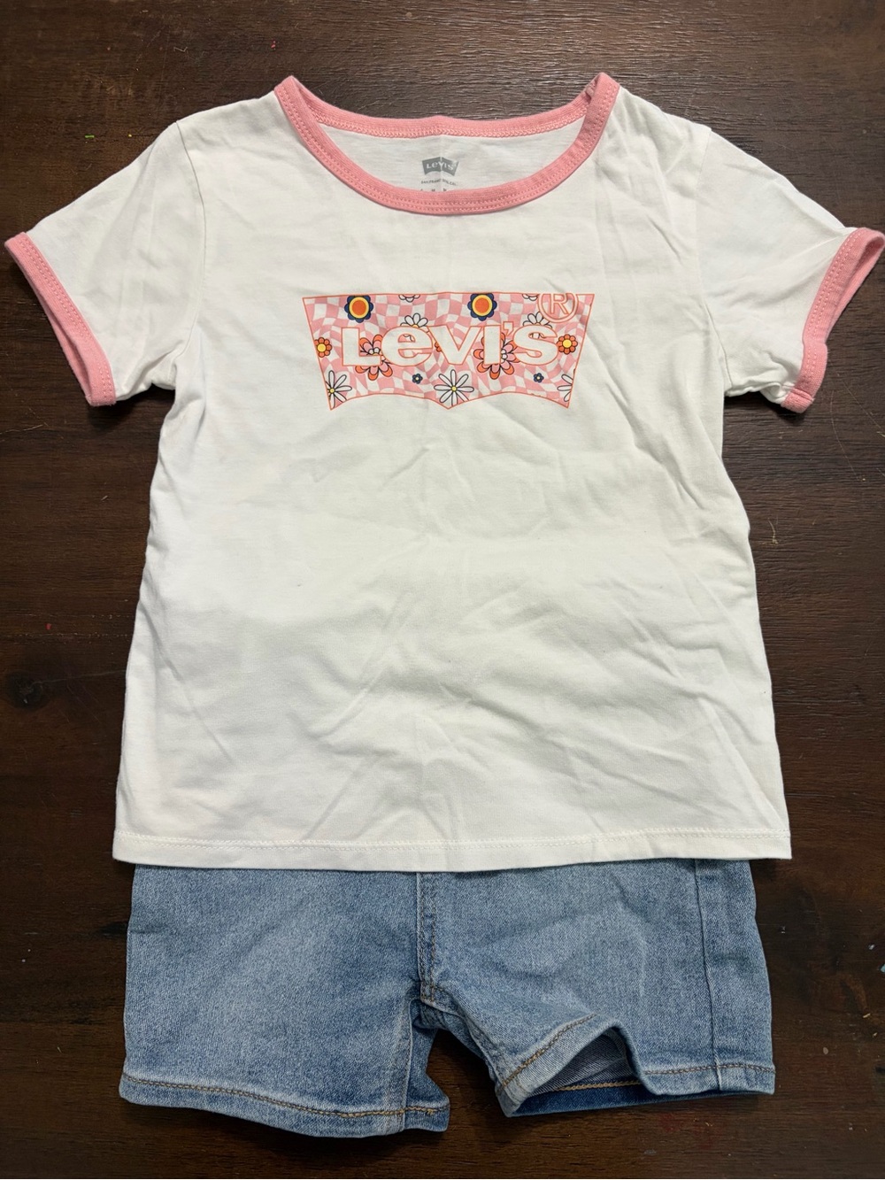 Levi's Girls' Checkerboard Iconic Ringer Tee & Shorts Set Pink/White Size 6 NWOT